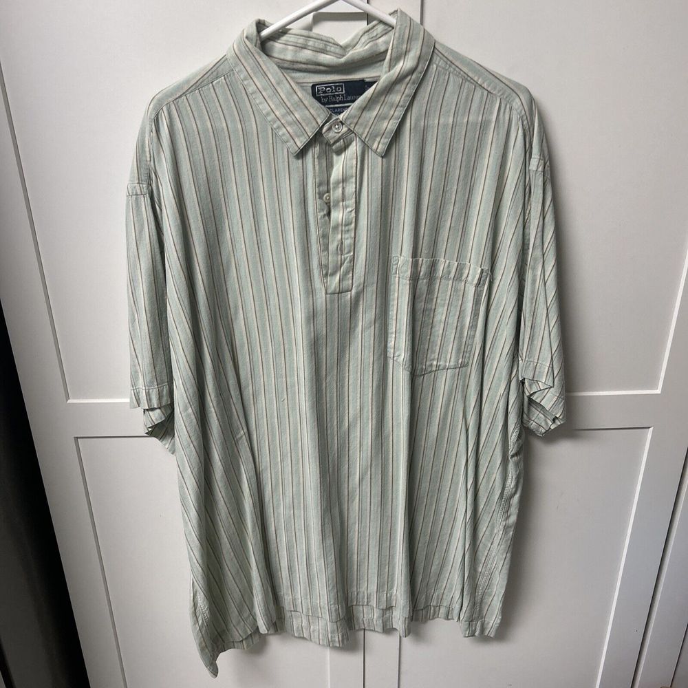 Polo Men's Clarence Green Striped Short Sleeve Henley‎ Button Up Shirt XXL